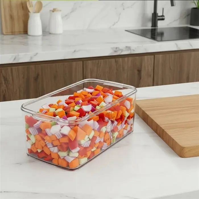 El recipiente lleno de verduras en cubos